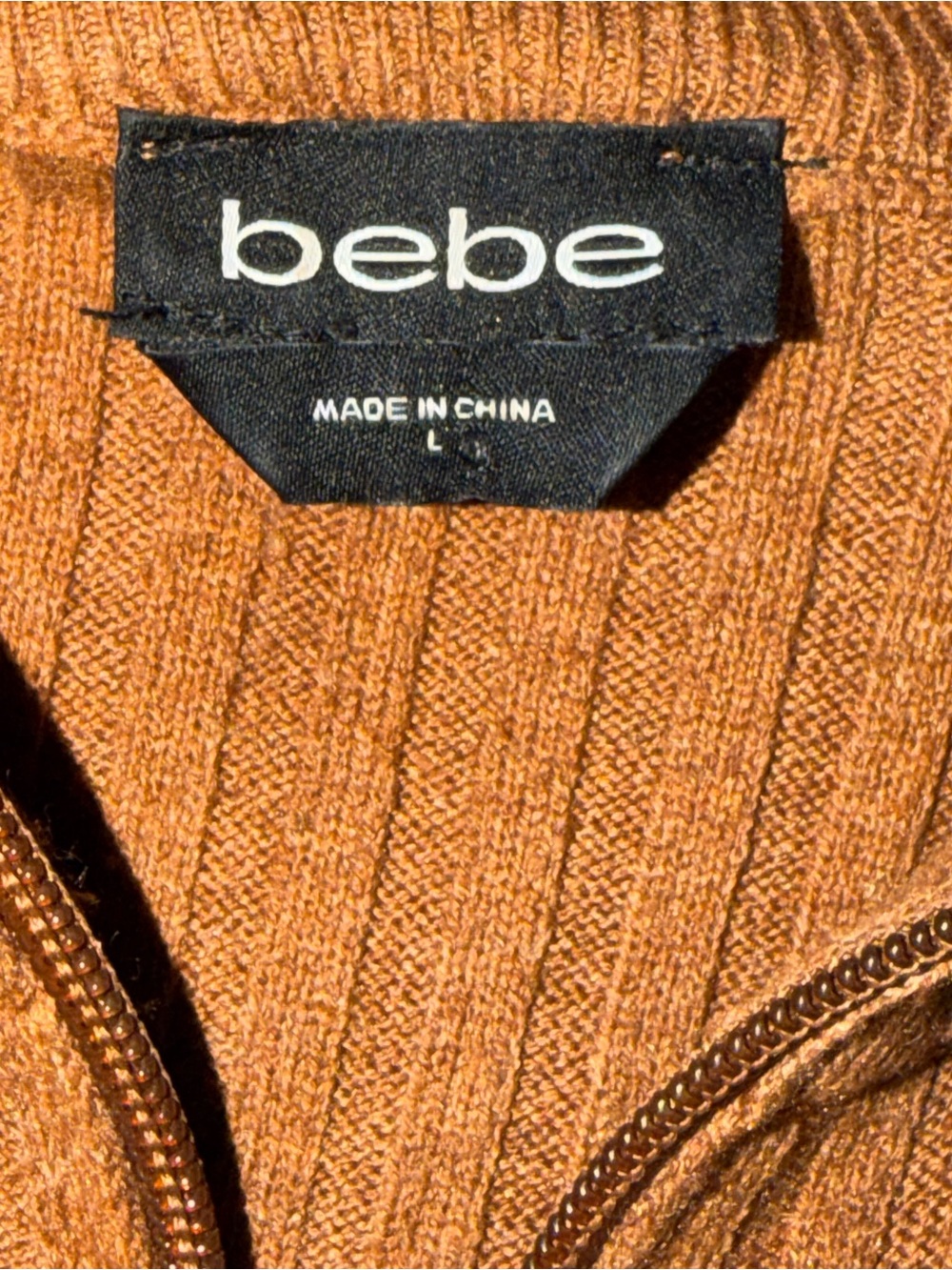 bebe Rust Ribbed Zip-Front Cardigan with Crystal Logo - Picture 2 of 2